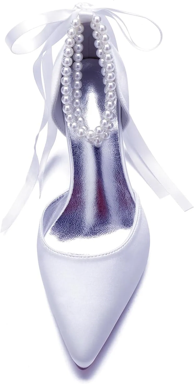 Pearl Ankle Buckle Wedding 7CM Stiletto Heel Shoes Bridal Pointed Toe Pumps Bowknot Strap Sandals Evening Party Dress Slip-On Satin