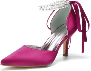 Pearl Ankle Buckle Wedding 7CM Stiletto Heel Shoes Bridal Pointed Toe Pumps Bowknot Strap Sandals Evening Party Dress Slip-On Satin