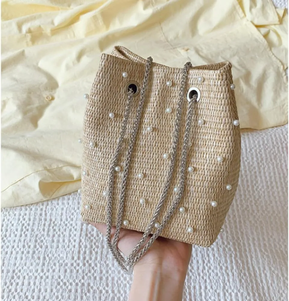 Pearl Straw Bucket Purse for Women Summer Vacation Crossbody Purses Beach Bag Beaded Rhinestone Handbag