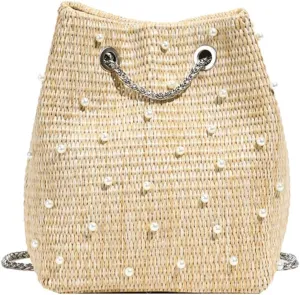 Pearl Straw Bucket Purse for Women Summer Vacation Crossbody Purses Beach Bag Beaded Rhinestone Handbag