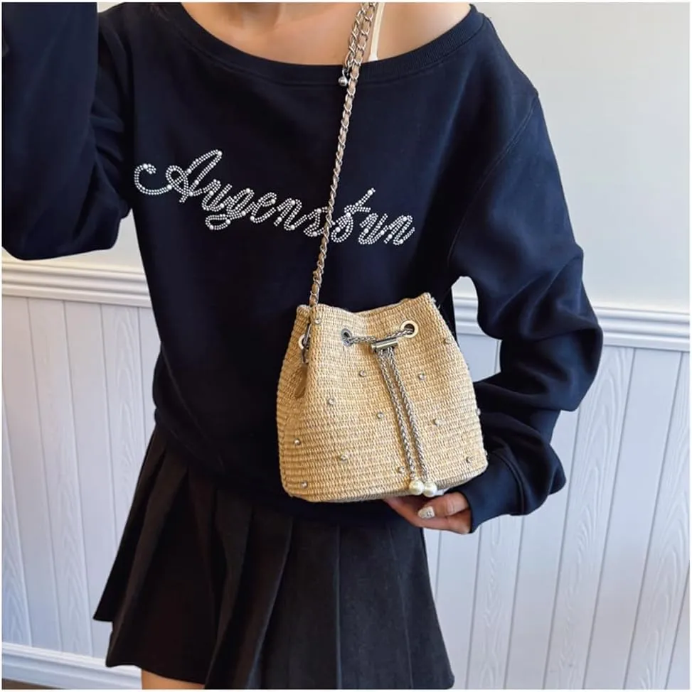 Pearl Straw Bucket Purse for Women Summer Vacation Crossbody Purses Beach Bag Beaded Rhinestone Handbag