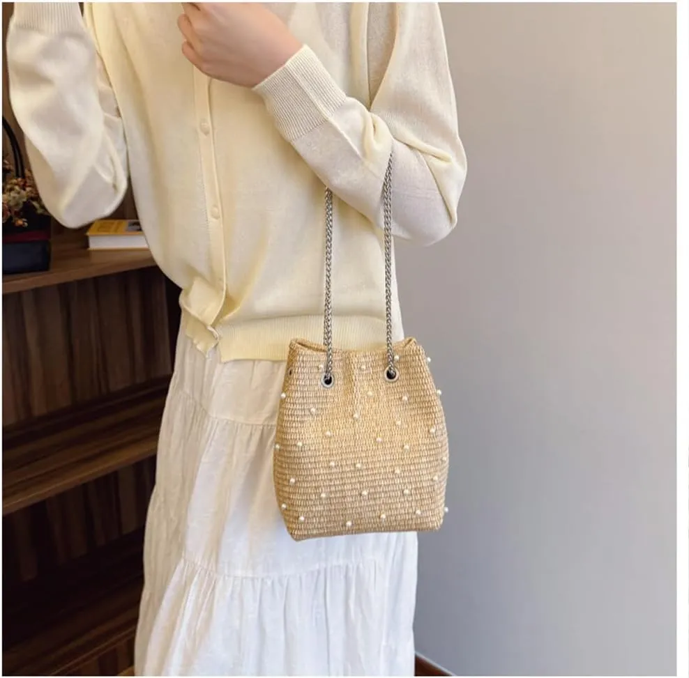 Pearl Straw Bucket Purse for Women Summer Vacation Crossbody Purses Beach Bag Beaded Rhinestone Handbag