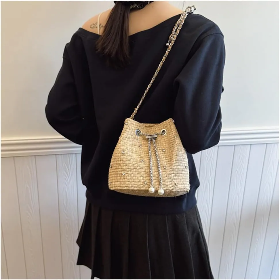 Pearl Straw Bucket Purse for Women Summer Vacation Crossbody Purses Beach Bag Beaded Rhinestone Handbag