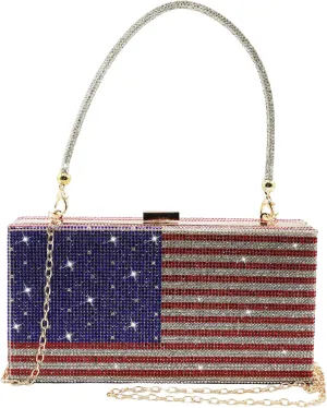 pearl&she Diamond Women Evening Handbags Purse Minaudiere Clutch Bag.American Flag Stars and Stripes bags The National Flag Crystal Clutch Purse for Women Evening Bags Purses (USA Flag)