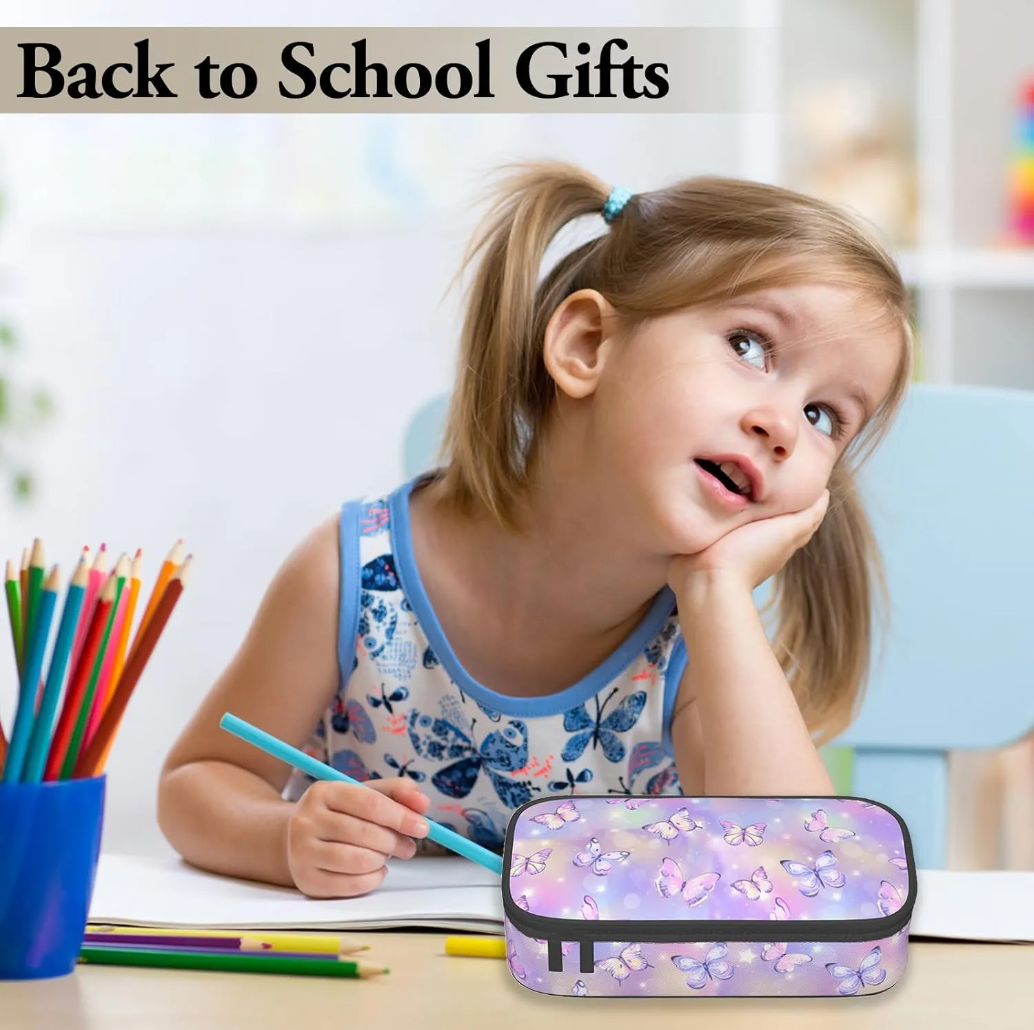 Pencil Case for Kids - Cute Butterfly Pen Bag for Girls Large Capacity Pencil Pouch Organizer for School Zipper Pencil Pouch Large Stationary Bags for College Middle Office