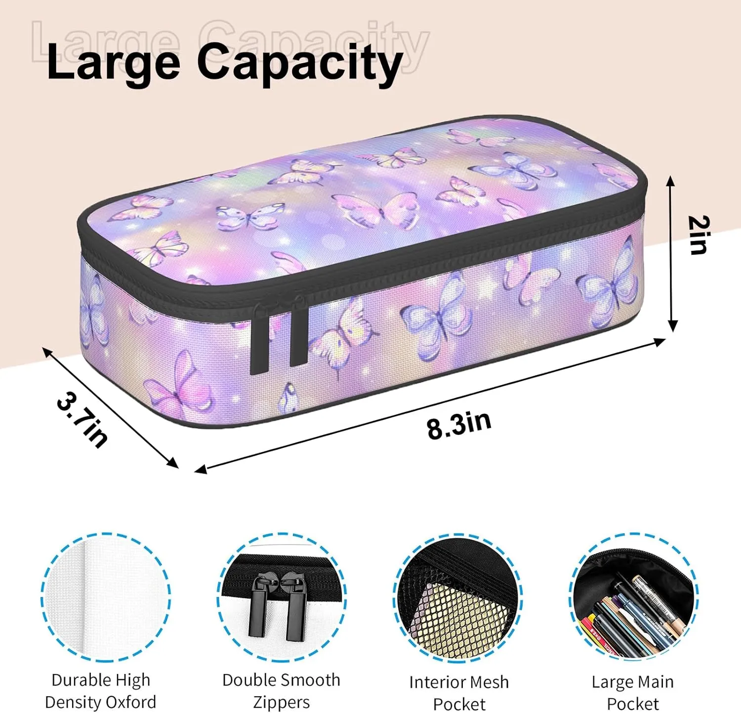 Pencil Case for Kids - Cute Butterfly Pen Bag for Girls Large Capacity Pencil Pouch Organizer for School Zipper Pencil Pouch Large Stationary Bags for College Middle Office