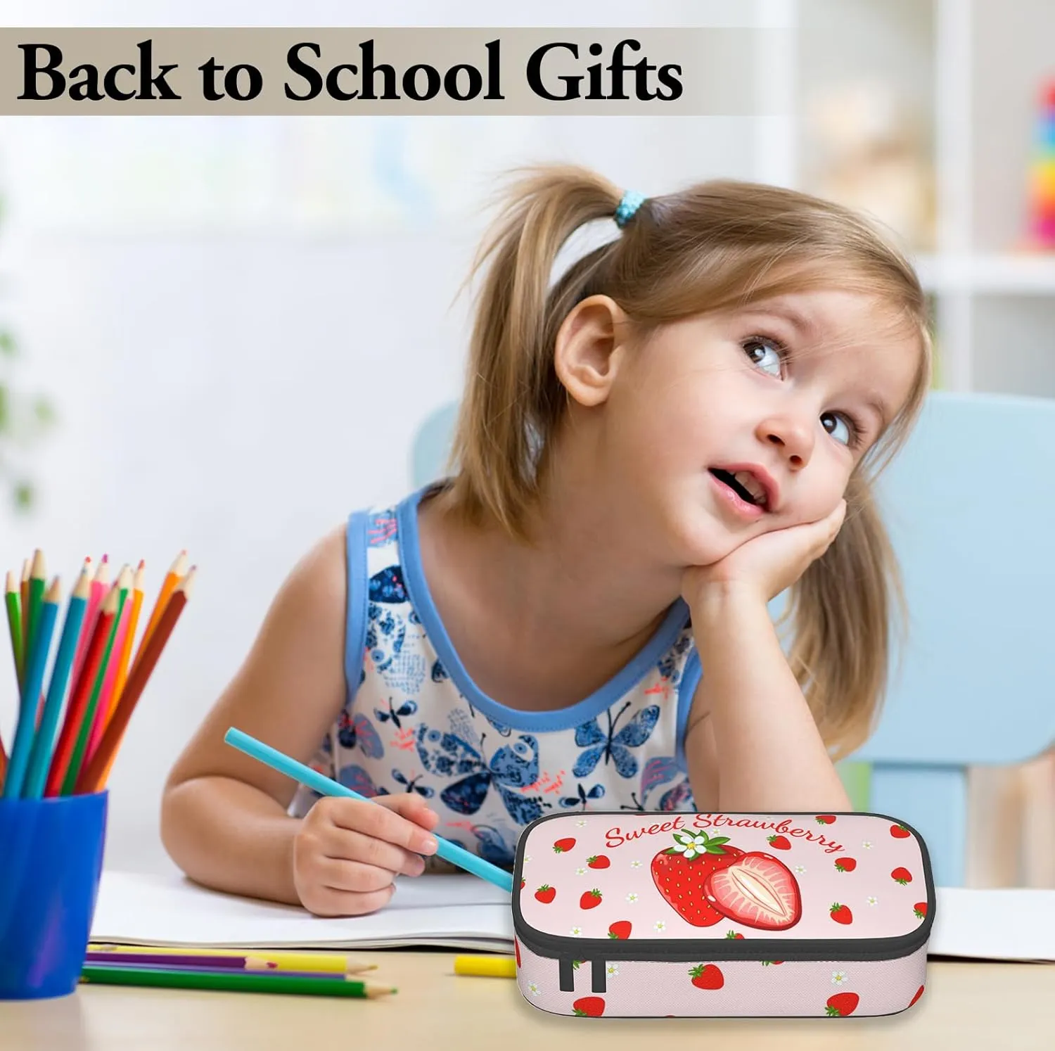 Pencil Case for Kids - Cute Strawberry Pen Pouch Bag for Girls Boys Large Capacity Organizer for School Large Stationary Bags Gifts for Women