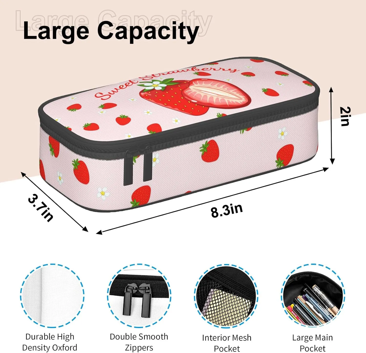 Pencil Case for Kids - Cute Strawberry Pen Pouch Bag for Girls Boys Large Capacity Organizer for School Large Stationary Bags Gifts for Women
