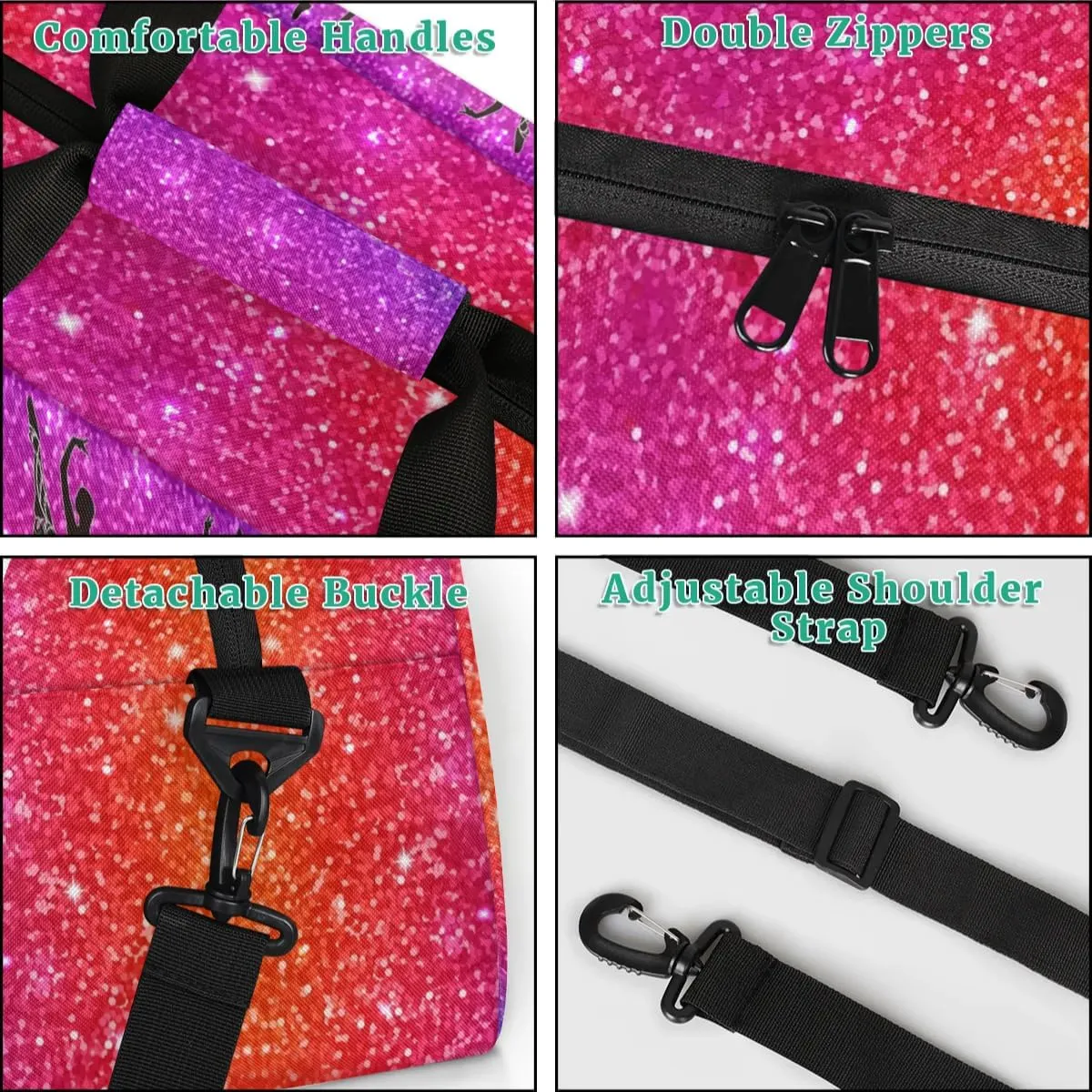 Personalized Dance Ballet Bag for Teens, Custom Gym Bag Name Overnight Duffel Bag Practice Gymnastics Sports Bag, Dreamy Glittery Deep Color Glittering Purple Red