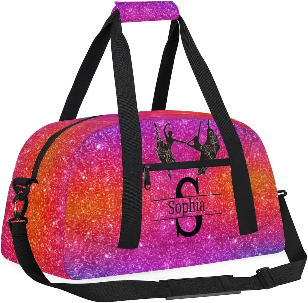 Personalized Dance Ballet Bag for Teens, Custom Gym Bag Name Overnight Duffel Bag Practice Gymnastics Sports Bag, Dreamy Glittery Deep Color Glittering Purple Red