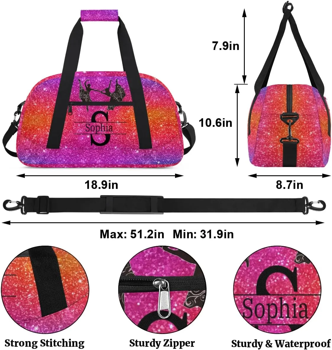 Personalized Dance Ballet Bag for Teens, Custom Gym Bag Name Overnight Duffel Bag Practice Gymnastics Sports Bag, Dreamy Glittery Deep Color Glittering Purple Red