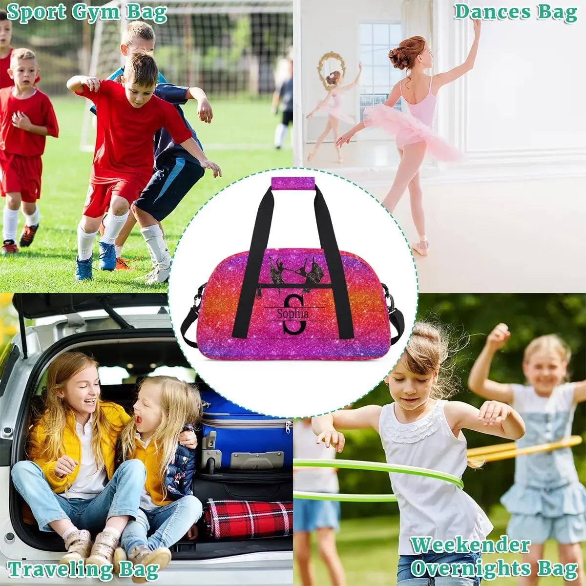 Personalized Dance Ballet Bag for Teens, Custom Gym Bag Name Overnight Duffel Bag Practice Gymnastics Sports Bag, Dreamy Glittery Deep Color Glittering Purple Red