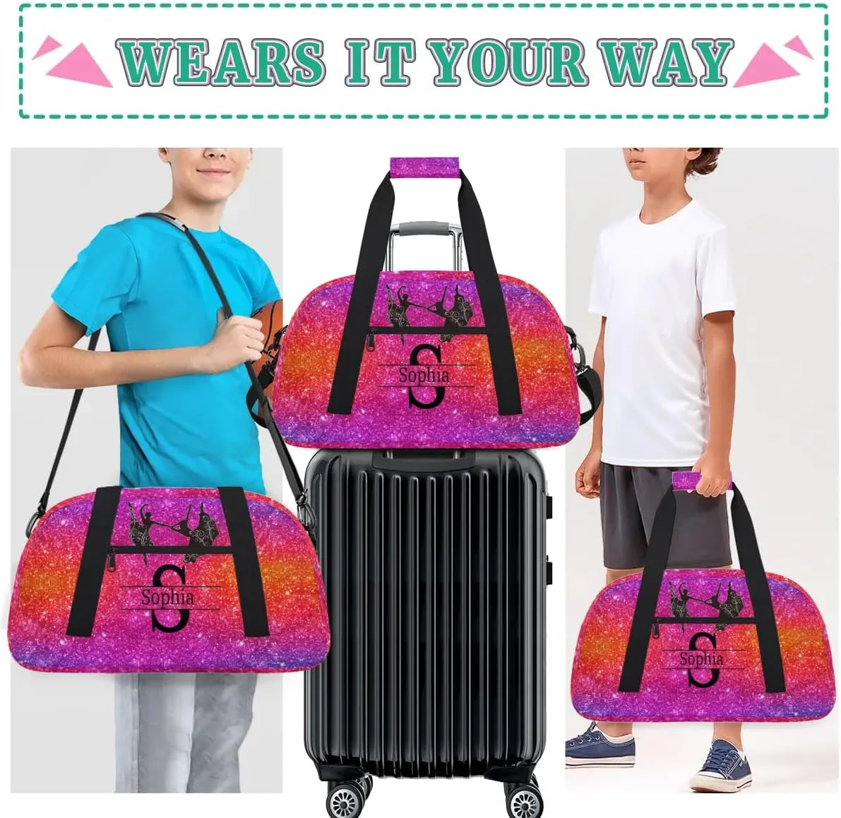 Personalized Dance Ballet Bag for Teens, Custom Gym Bag Name Overnight Duffel Bag Practice Gymnastics Sports Bag, Dreamy Glittery Deep Color Glittering Purple Red