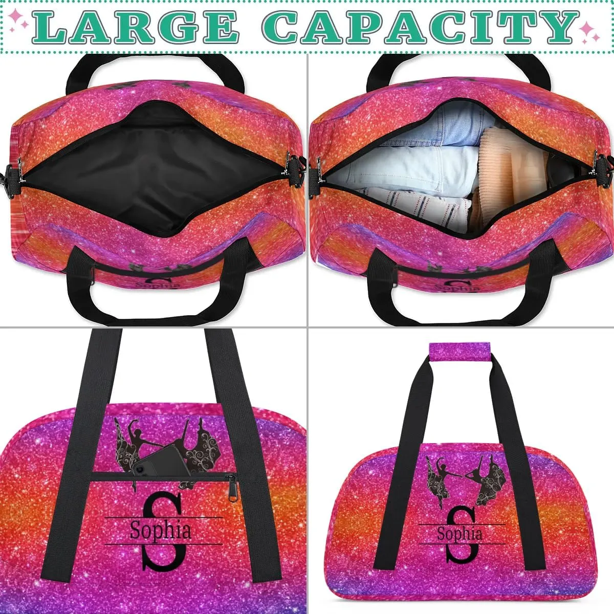 Personalized Dance Ballet Bag for Teens, Custom Gym Bag Name Overnight Duffel Bag Practice Gymnastics Sports Bag, Dreamy Glittery Deep Color Glittering Purple Red
