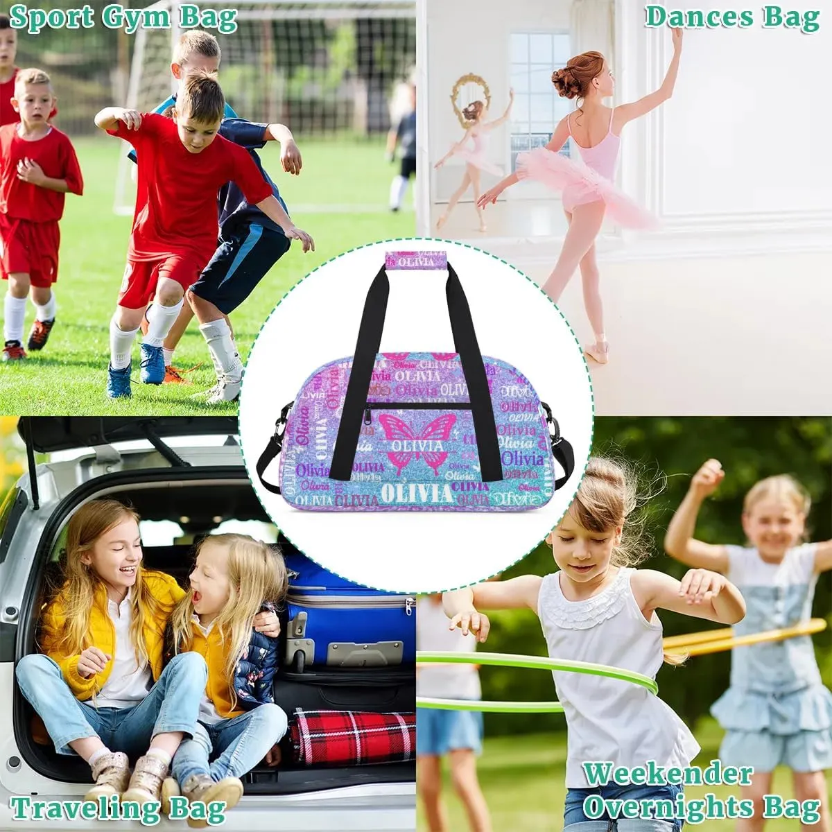 Personalized Gym Bag for Teens, Custom Butterfly Dance Bag Named Overnight Small Duffel Bag for Practice Gymnastics Ballet Sports Bag, Dreamy Glittery Pink Blue Glittering