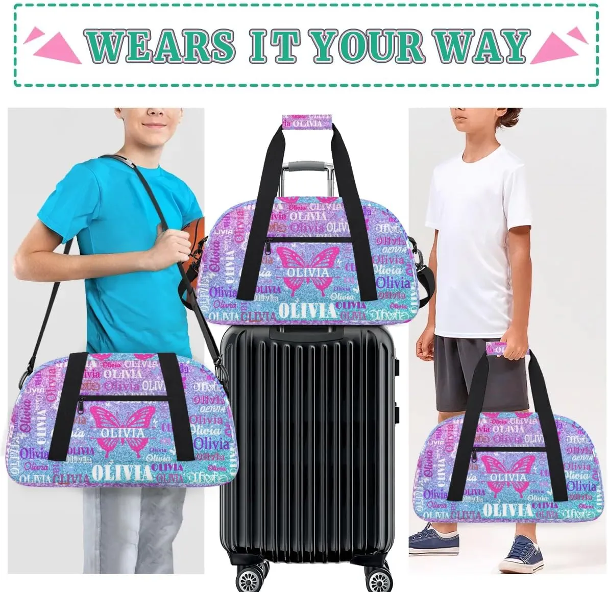 Personalized Gym Bag for Teens, Custom Butterfly Dance Bag Named Overnight Small Duffel Bag for Practice Gymnastics Ballet Sports Bag, Dreamy Glittery Pink Blue Glittering