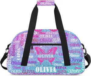 Personalized Gym Bag for Teens, Custom Butterfly Dance Bag Named Overnight Small Duffel Bag for Practice Gymnastics Ballet Sports Bag, Dreamy Glittery Pink Blue Glittering