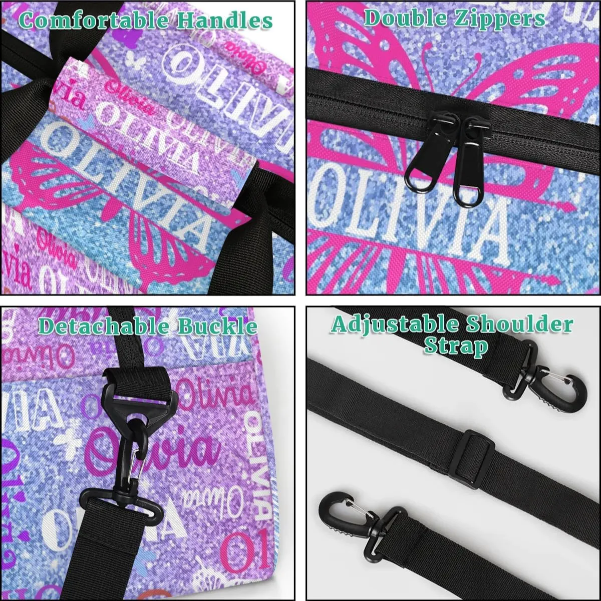 Personalized Gym Bag for Teens, Custom Butterfly Dance Bag Named Overnight Small Duffel Bag for Practice Gymnastics Ballet Sports Bag, Dreamy Glittery Pink Blue Glittering