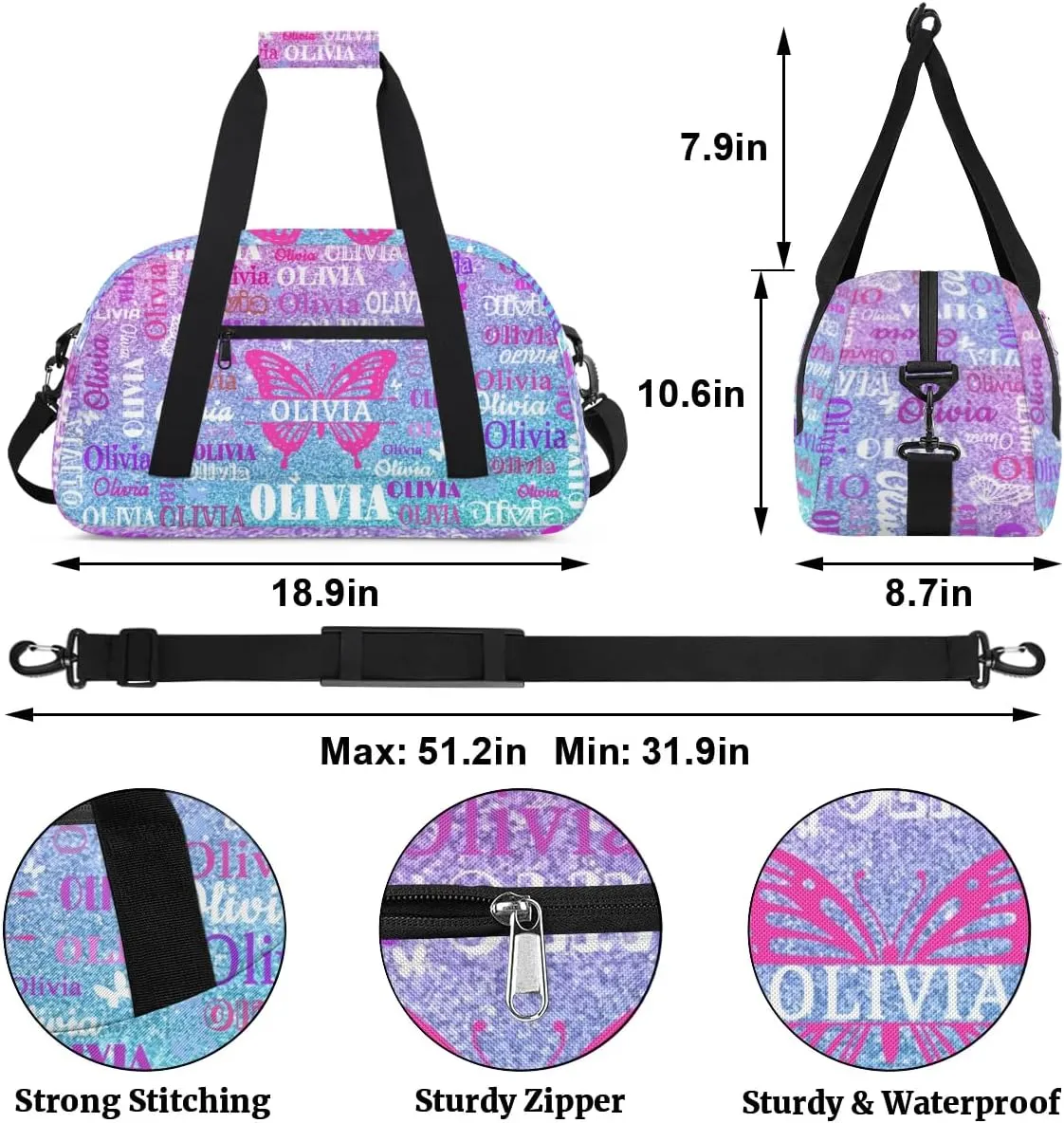 Personalized Gym Bag for Teens, Custom Butterfly Dance Bag Named Overnight Small Duffel Bag for Practice Gymnastics Ballet Sports Bag, Dreamy Glittery Pink Blue Glittering