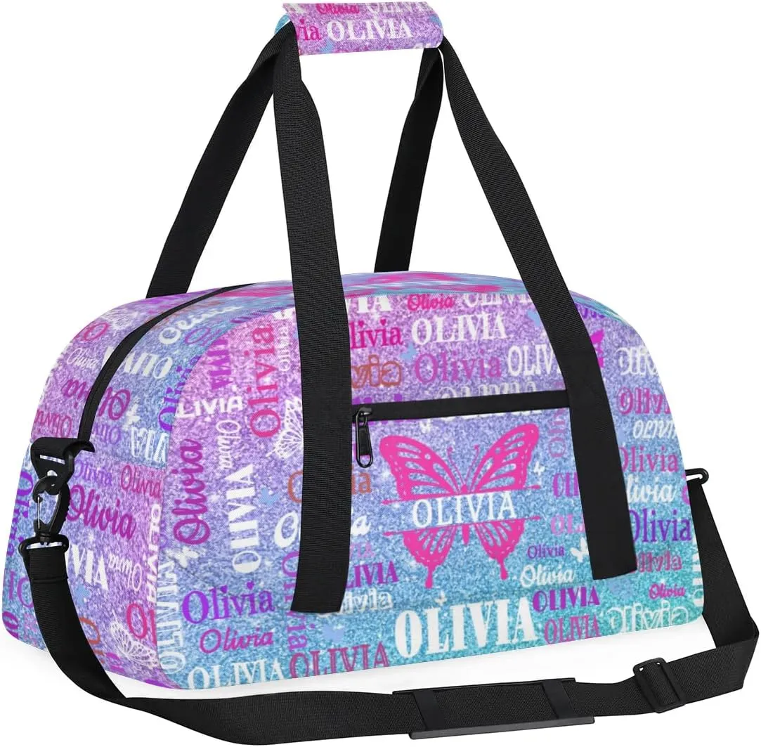 Personalized Gym Bag for Teens, Custom Butterfly Dance Bag Named Overnight Small Duffel Bag for Practice Gymnastics Ballet Sports Bag, Dreamy Glittery Pink Blue Glittering