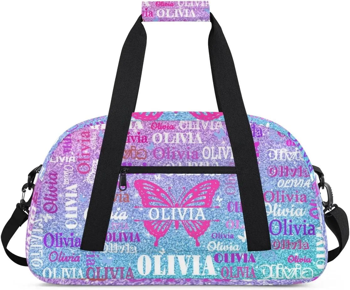 Personalized Gym Bag for Teens, Custom Butterfly Dance Bag Named Overnight Small Duffel Bag for Practice Gymnastics Ballet Sports Bag, Dreamy Glittery Pink Blue Glittering