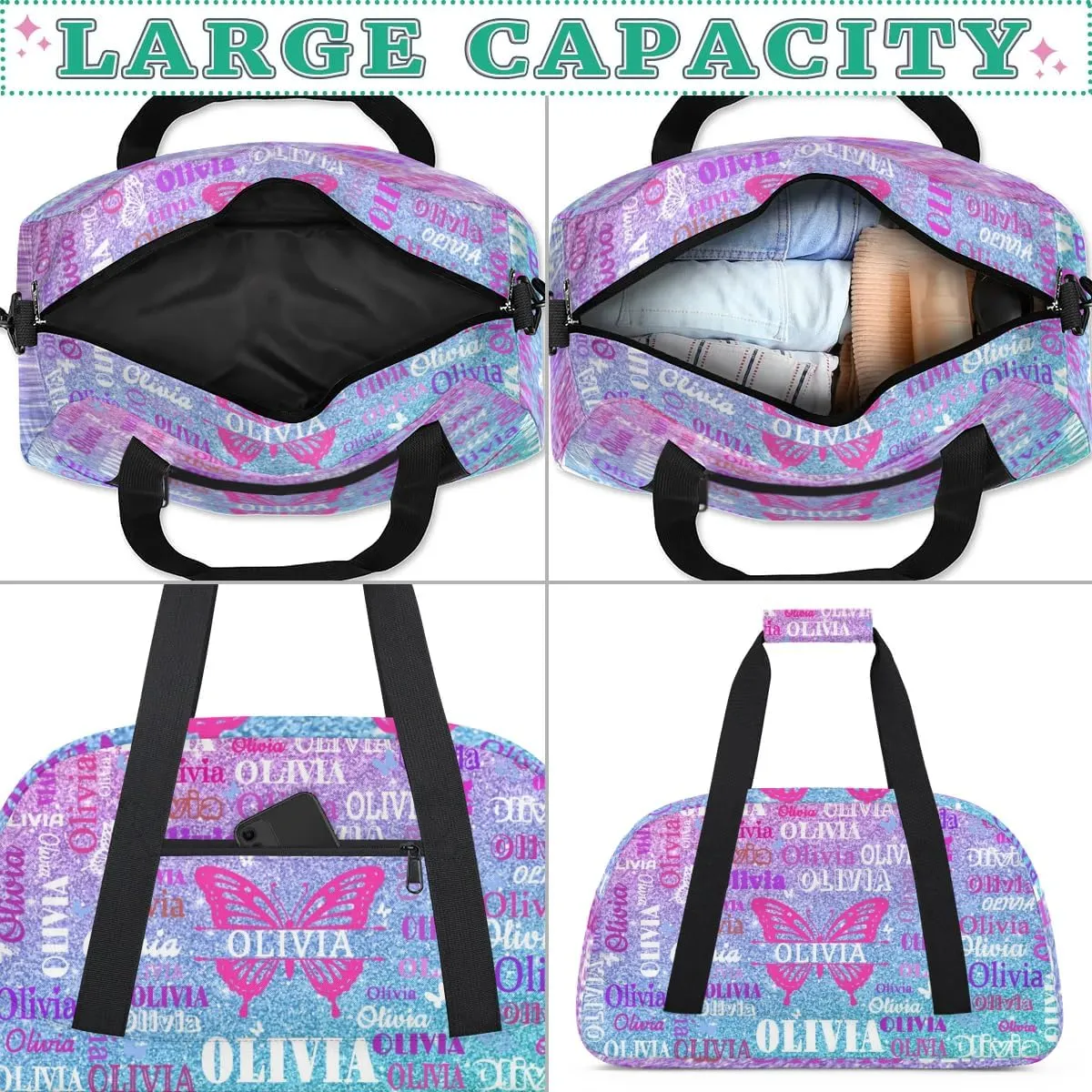 Personalized Gym Bag for Teens, Custom Butterfly Dance Bag Named Overnight Small Duffel Bag for Practice Gymnastics Ballet Sports Bag, Dreamy Glittery Pink Blue Glittering