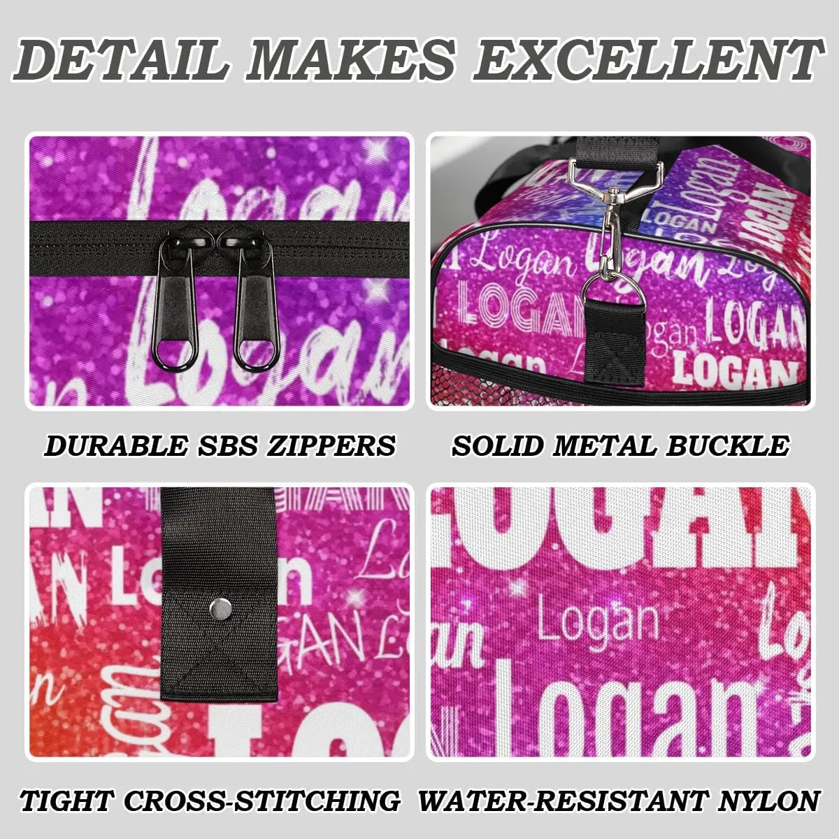 Personalized Gym Bag Women, Custom Sport Duffel Bag Dance Bag Name Weekender Bags Travel Duffel Bag Dreamy Glittery Deep Color Glittering Purple Red