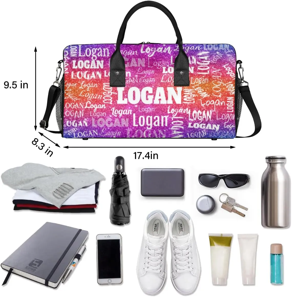 Personalized Gym Bag Women, Custom Sport Duffel Bag Dance Bag Name Weekender Bags Travel Duffel Bag Dreamy Glittery Deep Color Glittering Purple Red