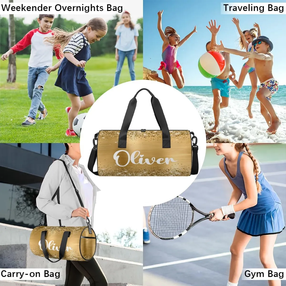 Personalized Kids Gym Bag Sport Bag Duffel Bag for Girl Boy, Custom Gymnastics Dance Travel Bag Weekender Bags with Adjustable Glittery Gold Foil