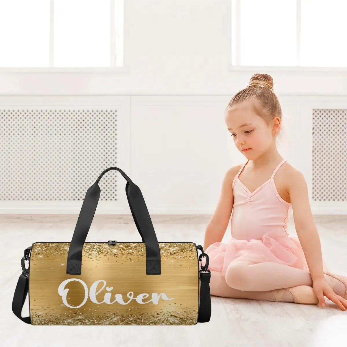 Personalized Kids Gym Bag Sport Bag Duffel Bag for Girl Boy, Custom Gymnastics Dance Travel Bag Weekender Bags with Adjustable Glittery Gold Foil