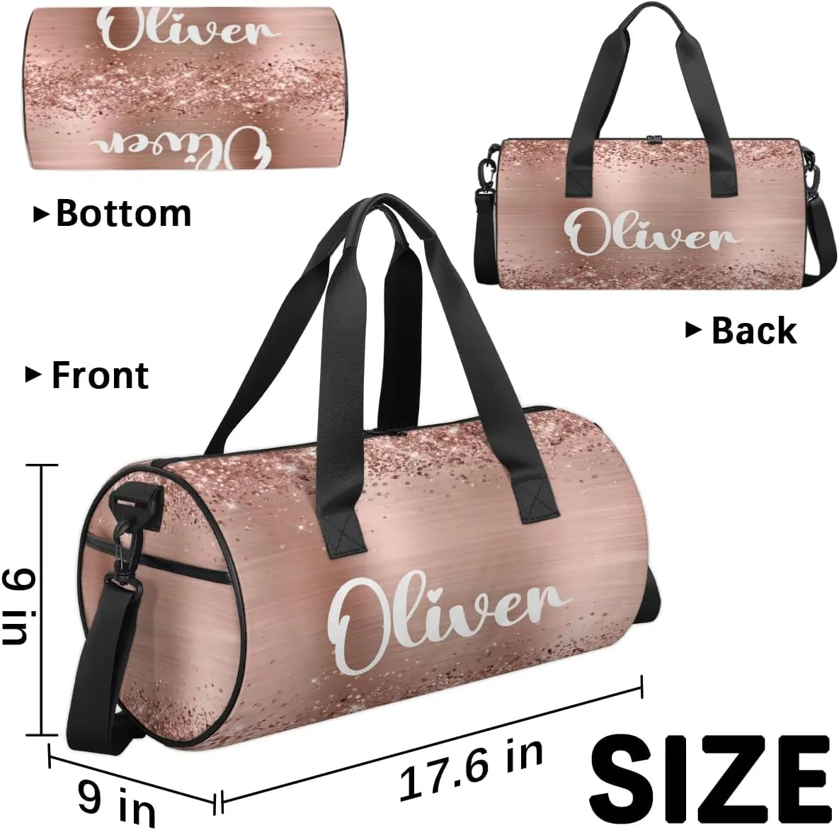 Personalized Kids Gym Bag Sport Bag Duffel Bag for Girl Boy, Custom Gymnastics Dance Travel Bag Weekender Bags with Adjustable Glittery Rose Foil