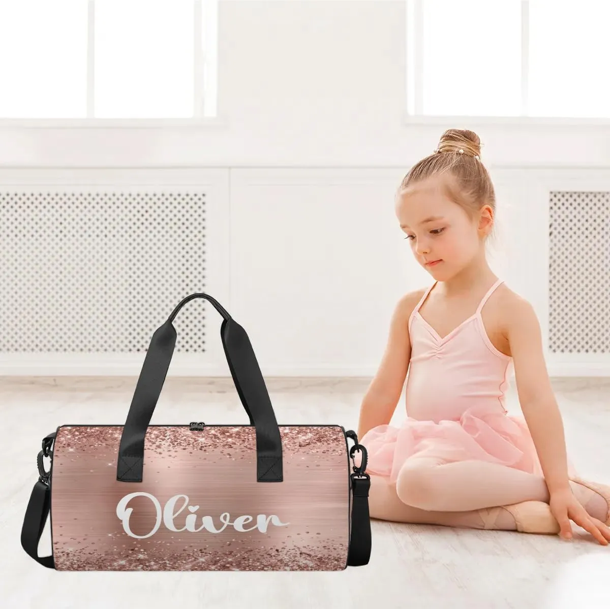 Personalized Kids Gym Bag Sport Bag Duffel Bag for Girl Boy, Custom Gymnastics Dance Travel Bag Weekender Bags with Adjustable Glittery Rose Foil
