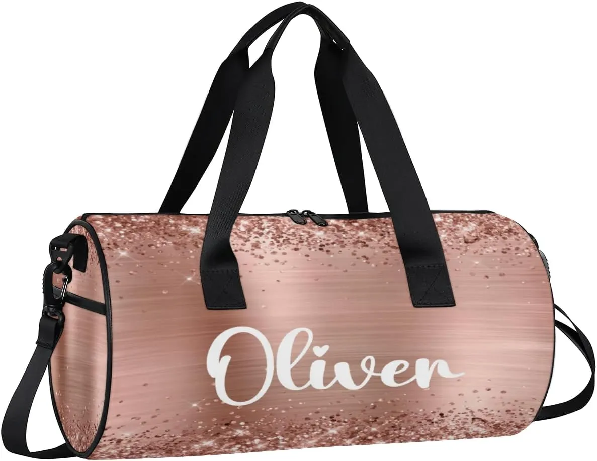 Personalized Kids Gym Bag Sport Bag Duffel Bag for Girl Boy, Custom Gymnastics Dance Travel Bag Weekender Bags with Adjustable Glittery Rose Foil