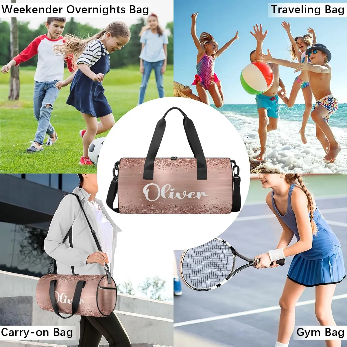 Personalized Kids Gym Bag Sport Bag Duffel Bag for Girl Boy, Custom Gymnastics Dance Travel Bag Weekender Bags with Adjustable Glittery Rose Foil