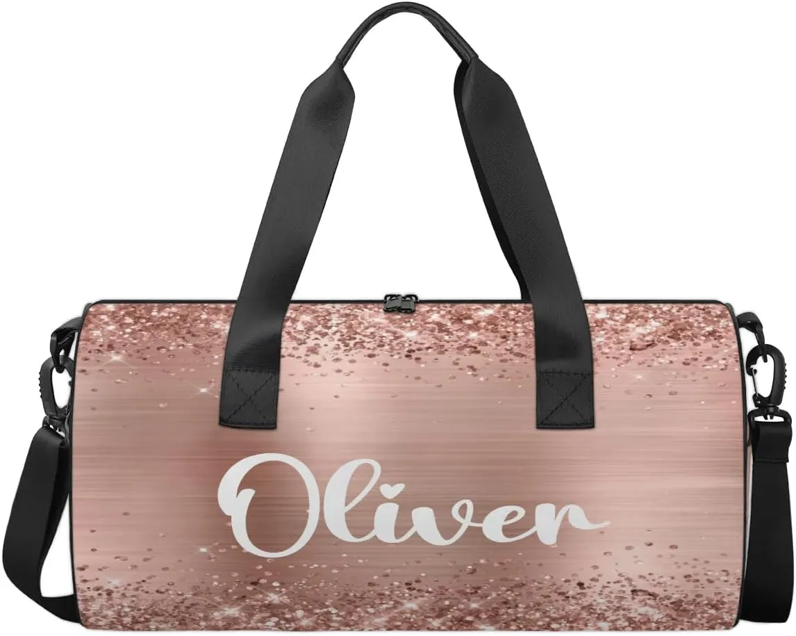 Personalized Kids Gym Bag Sport Bag Duffel Bag for Girl Boy, Custom Gymnastics Dance Travel Bag Weekender Bags with Adjustable Glittery Rose Foil
