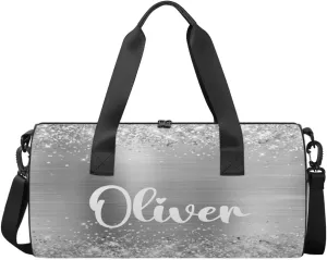 Personalized Kids Gym Bag Sport Bag Duffel Bag for Girl Boy, Custom Gymnastics Dance Travel Bag Weekender Bags with Adjustable Glittery Sliver Foil