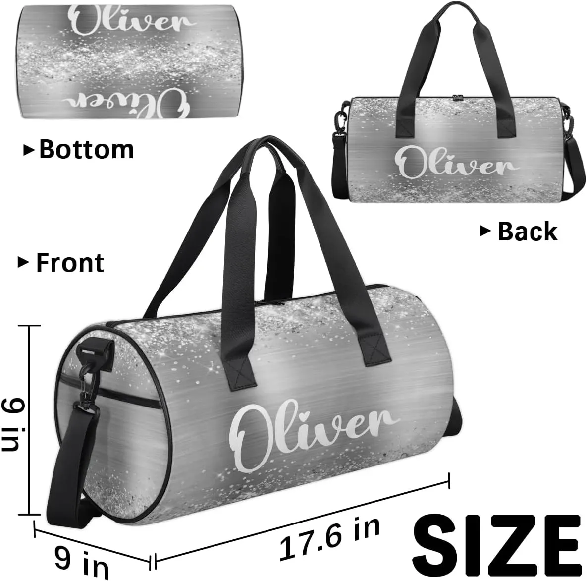 Personalized Kids Gym Bag Sport Bag Duffel Bag for Girl Boy, Custom Gymnastics Dance Travel Bag Weekender Bags with Adjustable Glittery Sliver Foil