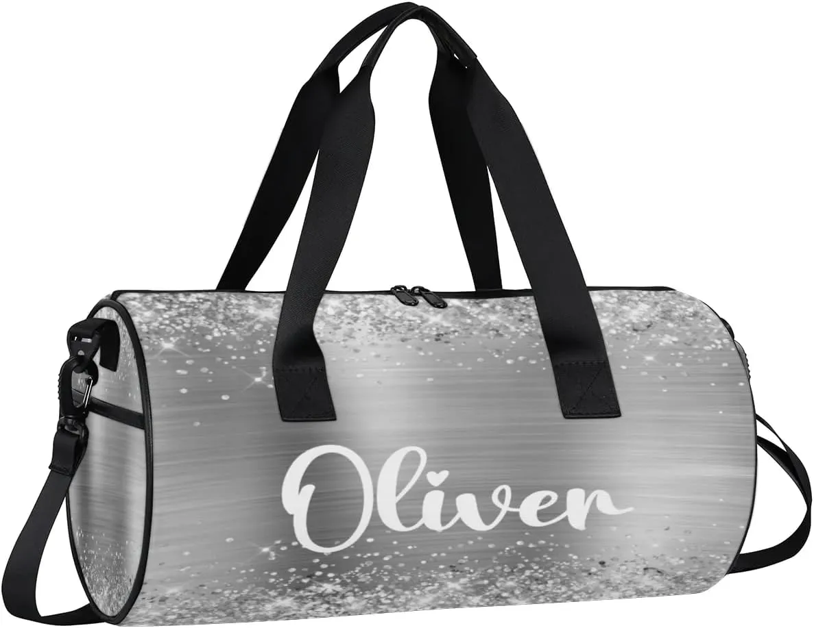 Personalized Kids Gym Bag Sport Bag Duffel Bag for Girl Boy, Custom Gymnastics Dance Travel Bag Weekender Bags with Adjustable Glittery Sliver Foil