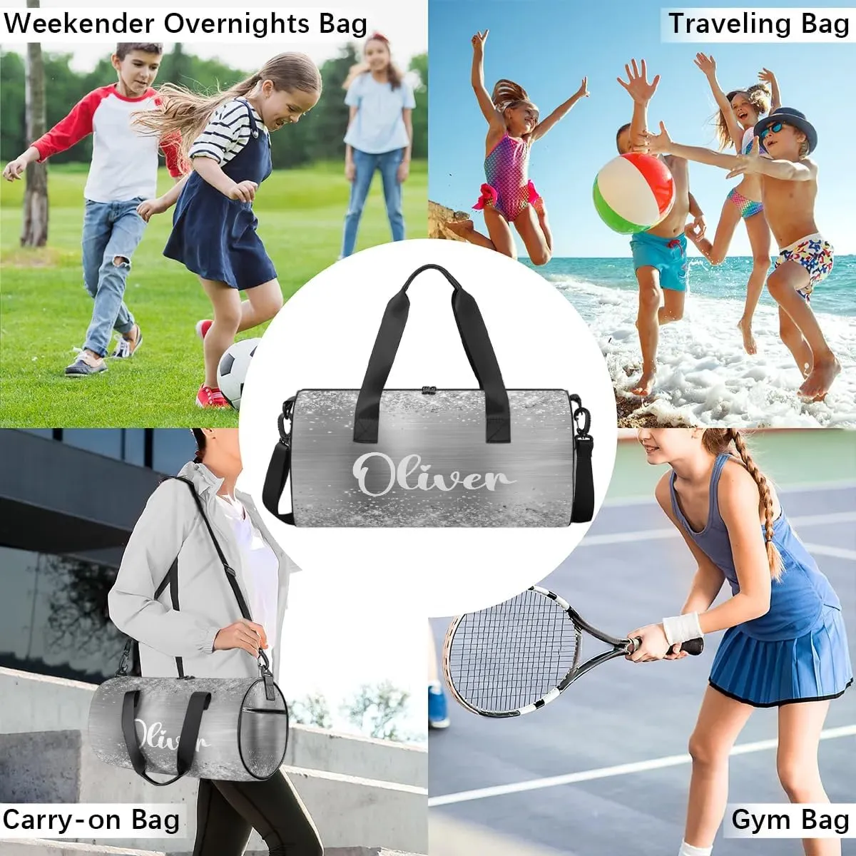 Personalized Kids Gym Bag Sport Bag Duffel Bag for Girl Boy, Custom Gymnastics Dance Travel Bag Weekender Bags with Adjustable Glittery Sliver Foil