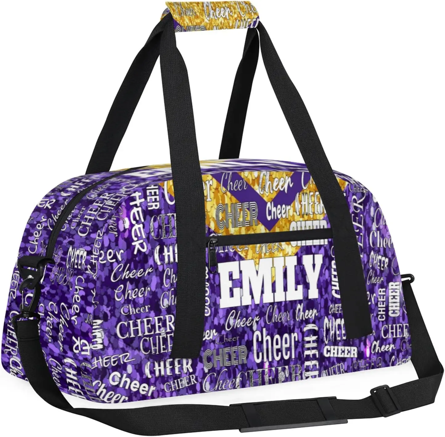 Personalized Name Cheerleader Dance Travel Bag, Custom Sport Duffel Bag Weekender Bags Travel Duffel Bag Cheer Perform, Purple Golden Sequins Glittery