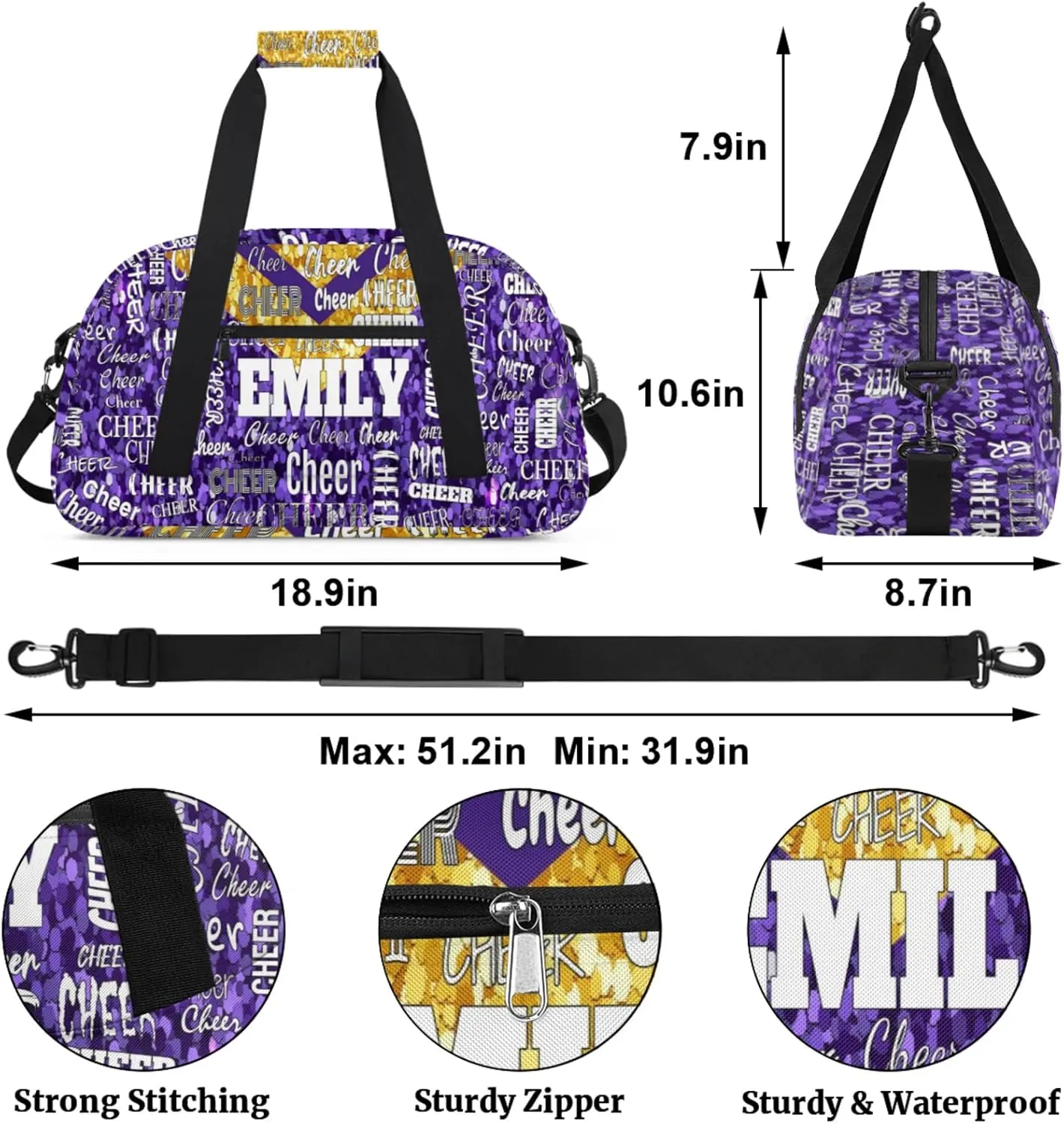 Personalized Name Cheerleader Dance Travel Bag, Custom Sport Duffel Bag Weekender Bags Travel Duffel Bag Cheer Perform, Purple Golden Sequins Glittery