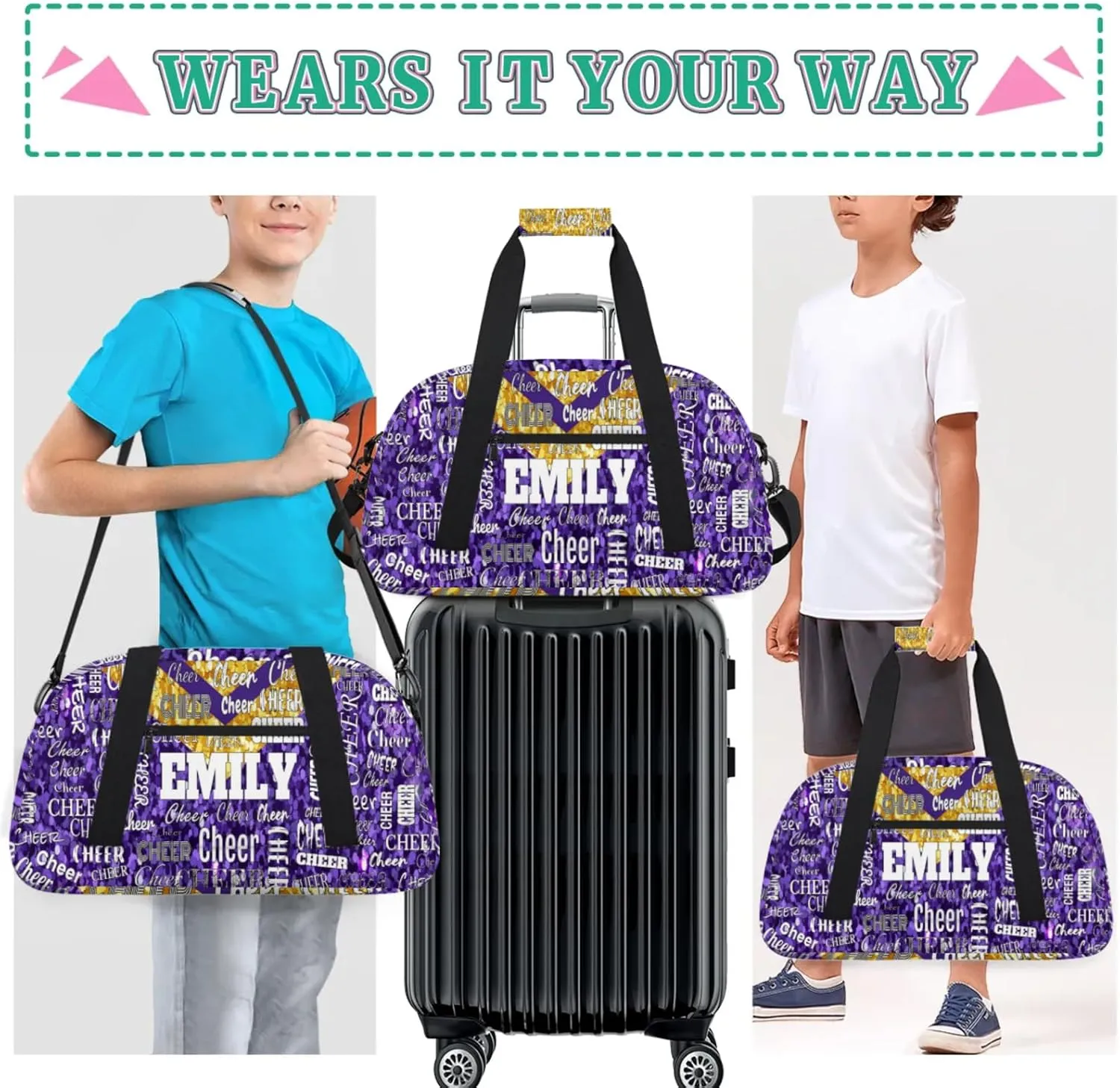 Personalized Name Cheerleader Dance Travel Bag, Custom Sport Duffel Bag Weekender Bags Travel Duffel Bag Cheer Perform, Purple Golden Sequins Glittery