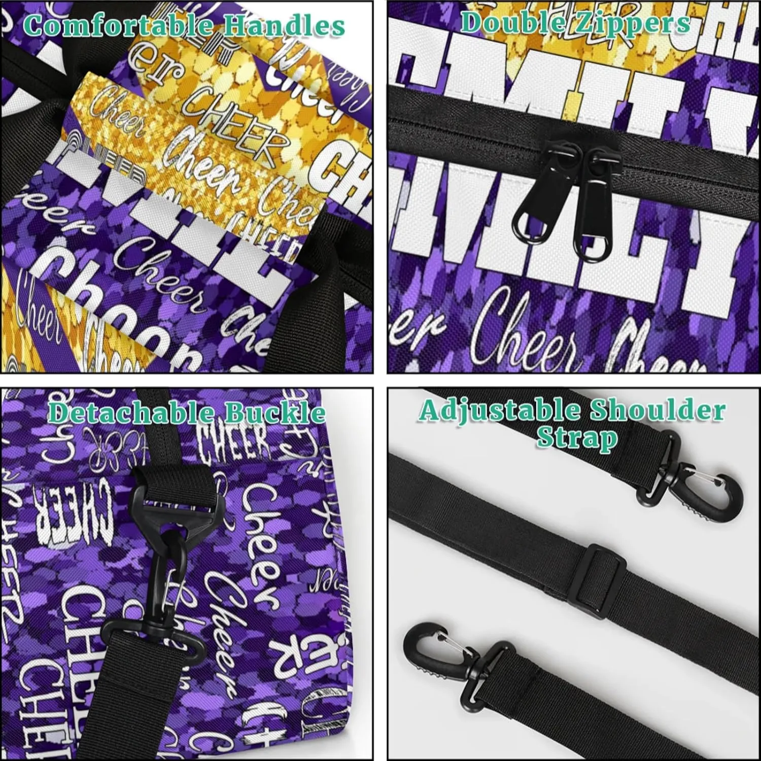Personalized Name Cheerleader Dance Travel Bag, Custom Sport Duffel Bag Weekender Bags Travel Duffel Bag Cheer Perform, Purple Golden Sequins Glittery