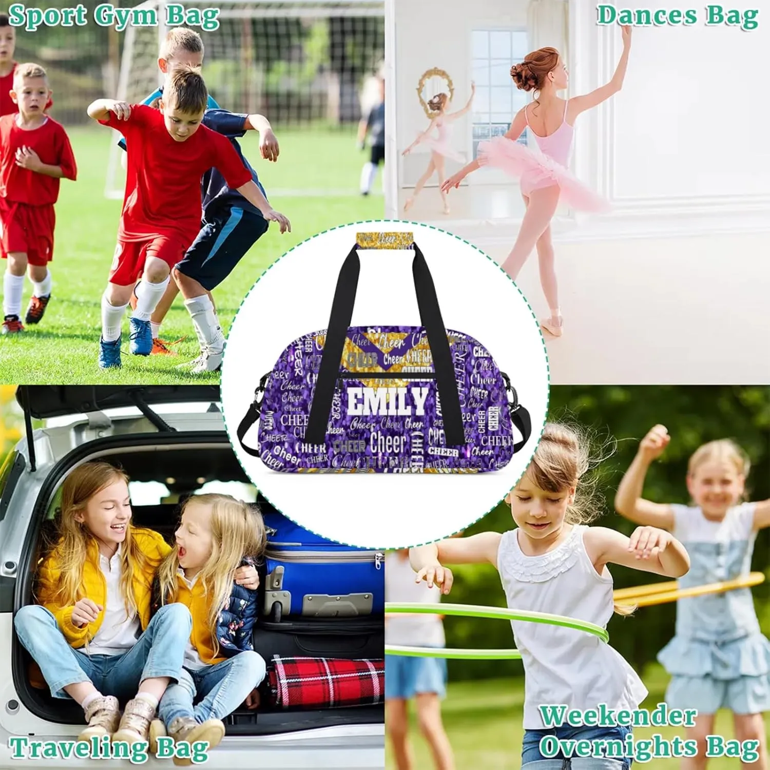 Personalized Name Cheerleader Dance Travel Bag, Custom Sport Duffel Bag Weekender Bags Travel Duffel Bag Cheer Perform, Purple Golden Sequins Glittery
