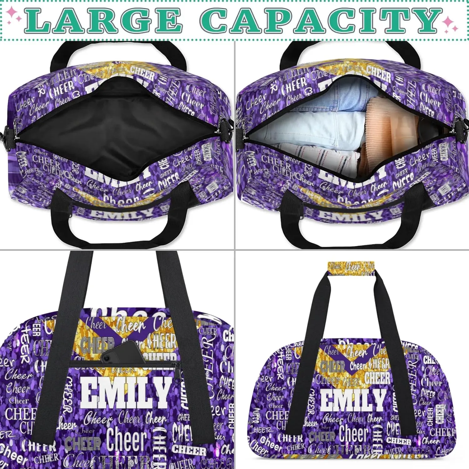 Personalized Name Cheerleader Dance Travel Bag, Custom Sport Duffel Bag Weekender Bags Travel Duffel Bag Cheer Perform, Purple Golden Sequins Glittery