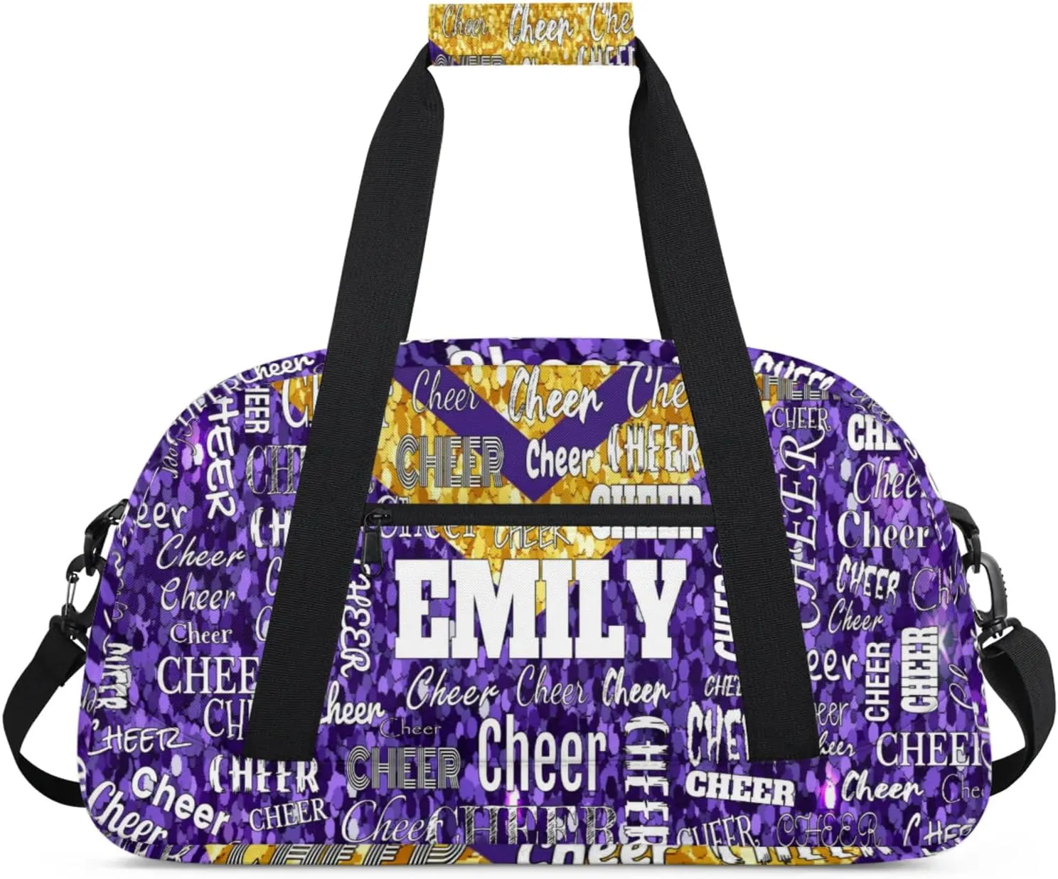 Personalized Name Cheerleader Dance Travel Bag, Custom Sport Duffel Bag Weekender Bags Travel Duffel Bag Cheer Perform, Purple Golden Sequins Glittery