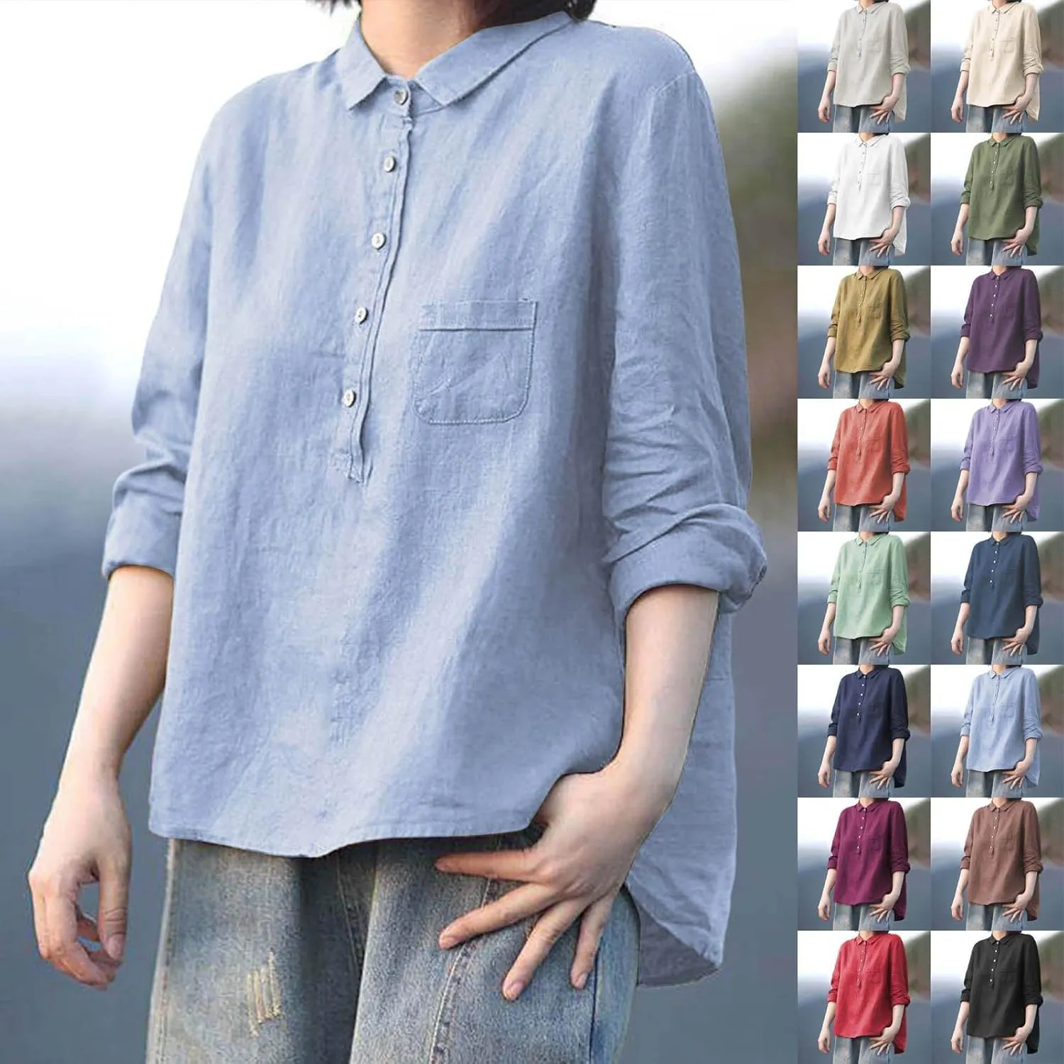 Peter Pan Collar Shirt Women Long Sleeve Casual Quarter-Button Cotton Linen Henley Tops Spring Summer 2025 Tops