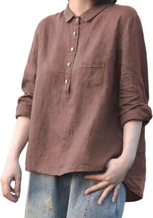 Peter Pan Collar Shirt Women Long Sleeve Casual Quarter-Button Cotton Linen Henley Tops Spring Summer 2025 Tops
