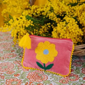 Pink & Yellow Velvet Single Flower Pouch