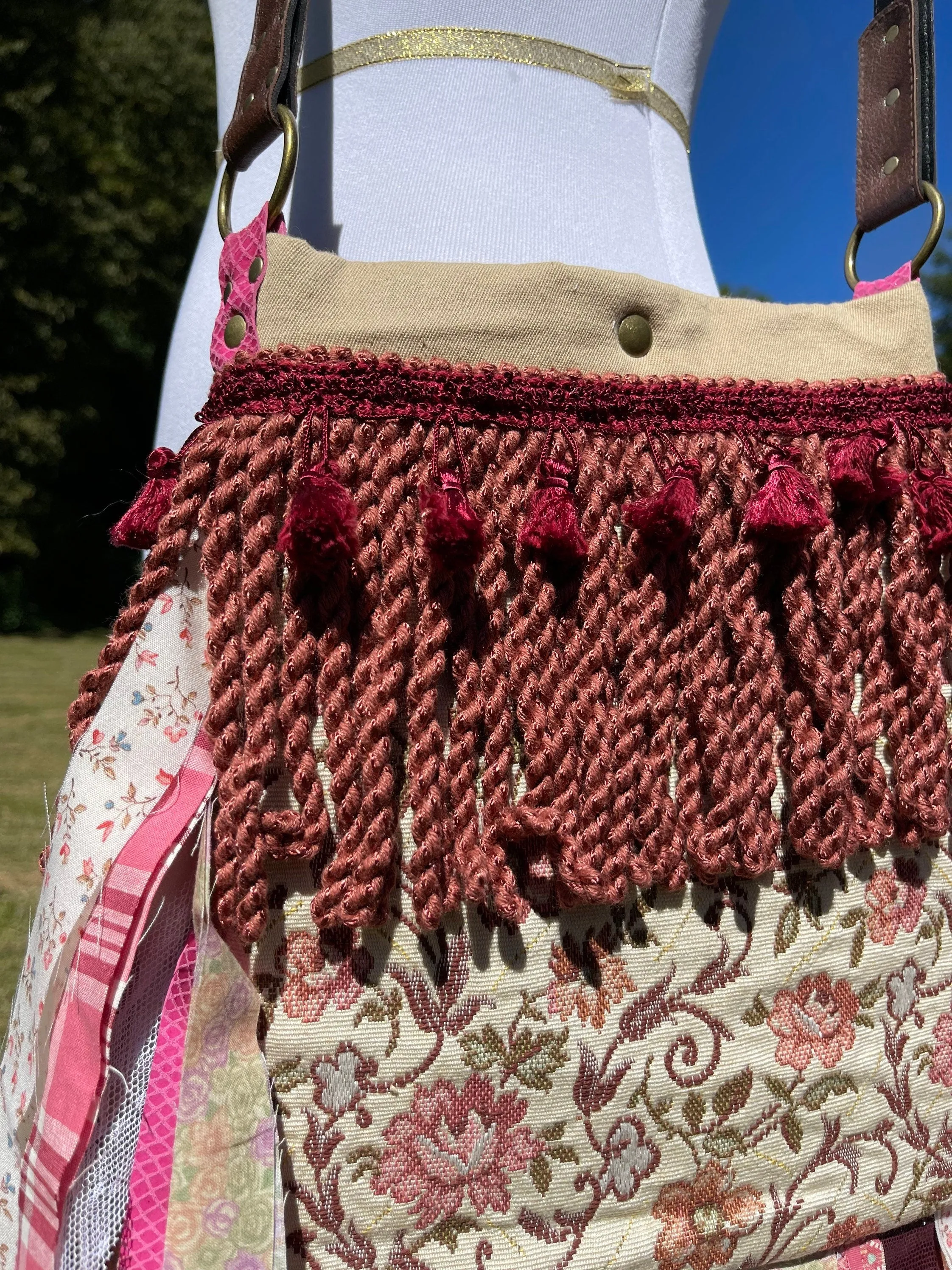 Pink and Maroon Flower Fringe Purse, Festival Fringe Bag, Hippie Handbag, Boho Chic Crossbody Messenger, Embellished purse